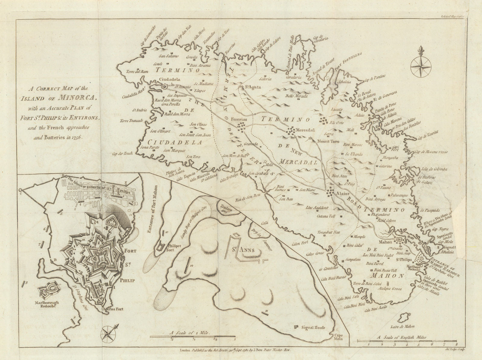 A Correct map of Minorca with a… Plan of Fort St. Philip by John Lodge 1781